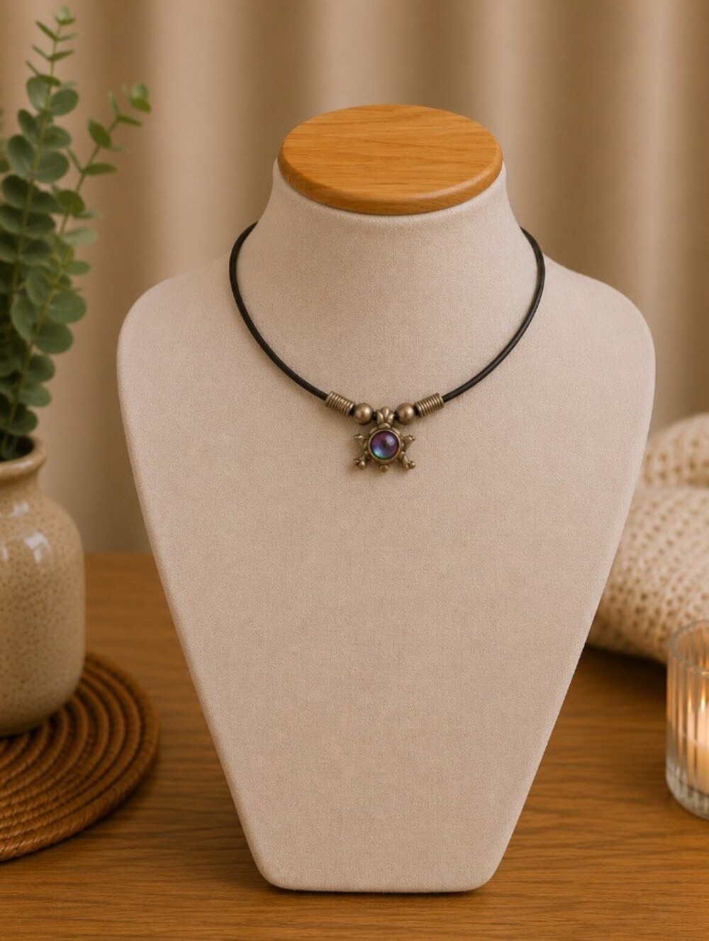 Women's Black Cord Necklace with Iridescent Pendant -